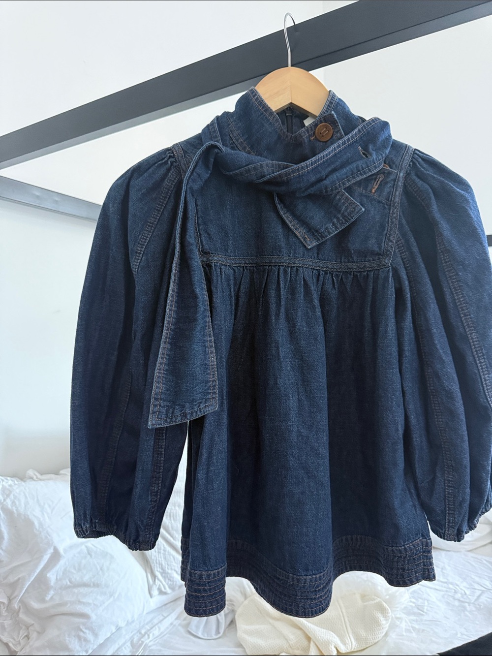 Zimmermann Indigo Denim Tie-Neck Smock Blouse